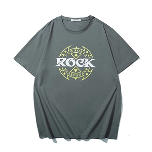 Dark gray loose-fit cotton T-shirt with white ROCK print and yellow geometric pattern