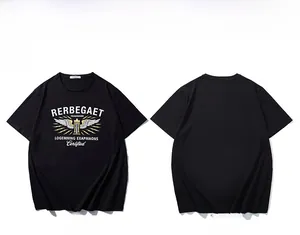 Flat lay of men's black cotton t-shirt with vintage letter crown graphic and plain back