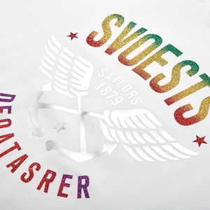 Loose white t-shirt with rainbow glitter lettering and silver winged anchor print