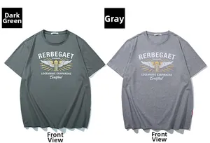 Front detail of loose cotton t-shirts in dark green and grey with vintage graphic print