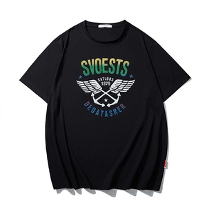 Loose black cotton T-shirt featuring a colorful gradient logo and graphic sailor print
