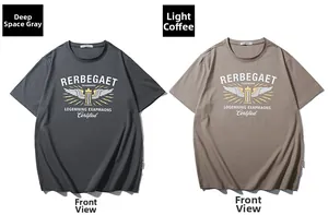 Flat lay showing American vintage letter prints on dark gray and light khaki cotton T-shirts