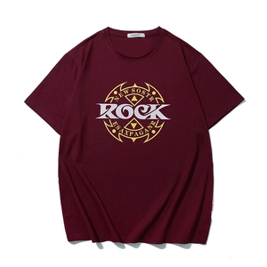 Men's loose burgundy crewneck t-shirt with a yellow circular rock graphic print
