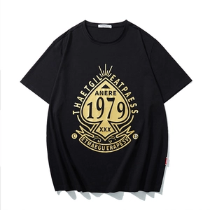 T-shirt ample en coton noir avec imprimé pique doré vintage et col rond classique
