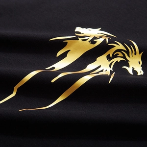 Mens oversized black T-shirt with premium golden dragon foil print and knit texture