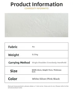 Detail specifications of pleated faux leather handbag showing white texture and size info