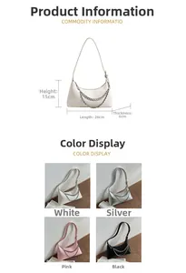 Detailed size chart and color selection for this stylish dumpling bag with chain strap