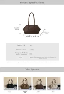 Detailed size specifications for a stylish PU leather tote bag in four colors