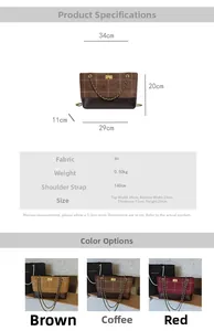 Detailed size specifications and material chart for the plaid PU leather tote bag