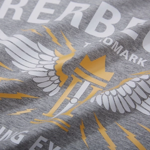 Grey cotton t-shirt featuring vintage letter graphic print and gold crown emblem