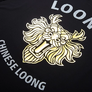 Men's loose black T-shirt with golden Chinese Loong dragon head print and silver lettering