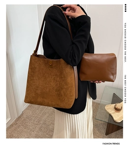 Deep brown faux suede tote bag set with matching smooth leather zipper clutch