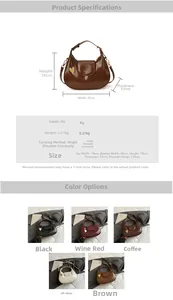 Detailed size specifications and color options for the crescent PU crossbody bag