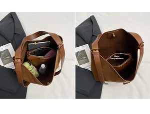 Internal view of brown suede bucket bag showing large capacity main compartment