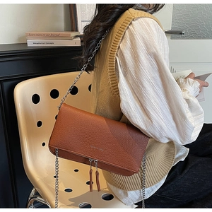Detail of vintage brown pebble leather chain bag featuring silver double zippers and tassels