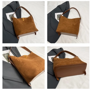 Multi-angle view of brown suede bucket bag showing the golden metal lock and metal feet