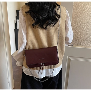 Detail of burgundy chain crossbody bag with pebble leather texture and silver tassels