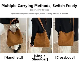 Three-way view of a brown suede tote bag showing crossbody and shoulder wear styles