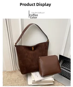 Brown suede tote bag set with matching inner pouch and metal clasp detail for work