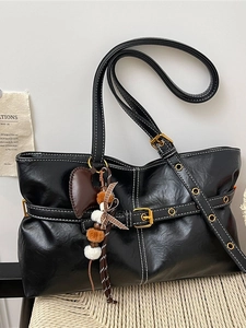 Women Vintage PU Leather Tote Bag Large Capacity Underarm Bag Contrast Stitching Belt Buckle Decor Shoulder Bag With Heart Pendant