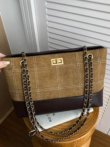 Retro patchwork tote bag in brown suede and leather with gold turn-lock and chain strap