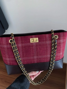 Women's large tote bag with red plaid fabric and brown leather patchwork and gold chain