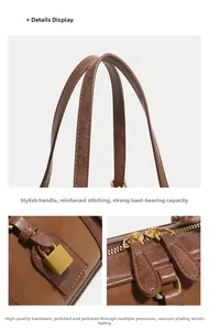 Detail of reinforced handles, golden padlock and polished metal zipper on brown handbag