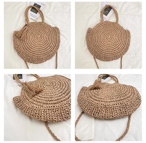 Detailed views of a round straw woven bag with fringe tassel and dual straps