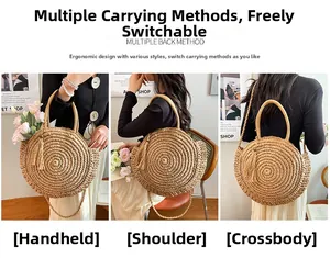 Straw woven circular handbag with tassels shown in handheld, shoulder, and crossbody styles