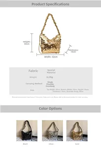 Detailed size specifications for sequin shoulder bag showing dimensions and three color options