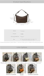 Detailed size chart and multi-color options for the woven texture crossbody dumpling bag