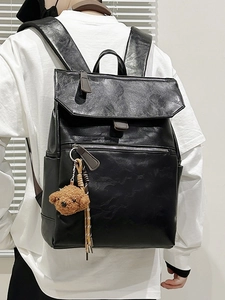 Sac à dos en cuir noir pour femme avec pendentif ours et grand compartiment spacieux