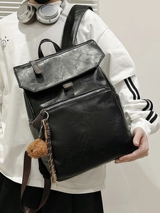 Sac à dos rétro en similicuir noir pour femme avec charmant ours en peluche marron