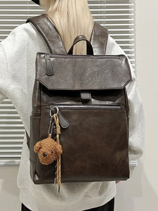 Sac à dos rétro en similicuir chocolat pour femme avec pendentif ours en peluche
