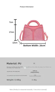 Pink snakeskin pattern PU handbag dimensions and adjustable strap detail chart