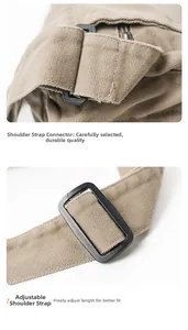 Detail of adjustable shoulder strap with durable black ring on khaki canvas messenger bag