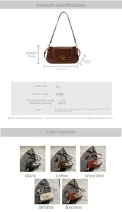 Detaillierte Größentabelle und Farbauswahl für die Vintage-Schultertasche aus PU-Leder