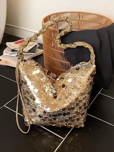 Women Large Capacity Sequin Bucket Bag With Ruffled Handle Fashion Glitter Hobo Tote Bag For Party Casual Shoulder Bag