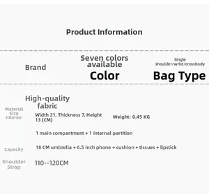 Detailed technical specifications for women's handbag with size dimensions and multi-color options