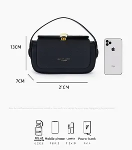 Size chart for black textured handbag showing dimensions 21x13x7cm and daily storage capacity