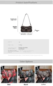 Size chart and color comparison for leopard print crescent underarm bag in PU leather