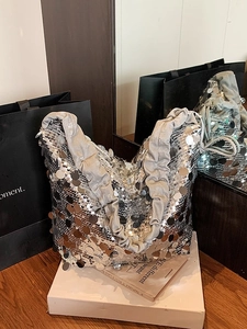 Silver sequin tote bag with grey pleated strap for women, 2026 spring fashion design