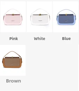 Collage of fashion crossbody bags in pink, white, blue and brown with textured woven flap