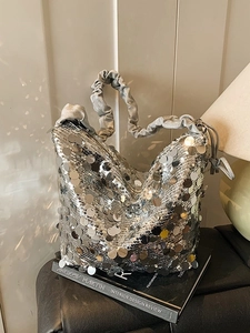 Silver sequin tote bag with pleated handles, elegant shoulder bag for women