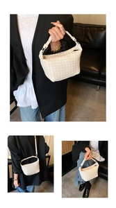 Detailed view of white woven leather dumpling bag with classic Intrecciato craft textures