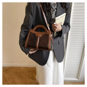 Close-up of brown snakeskin pattern and gold hardware on a stylish crossbody bag