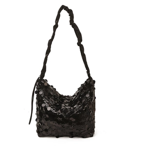 Fashionable black sequin shoulder bag with unique ruffled strap and large capacity