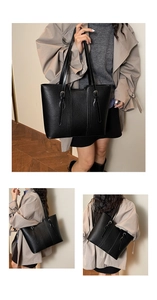 Detailed views of black pebbled leather tote bag showing double shoulder straps and metal buckles