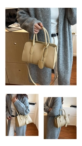 Sac fourre-tout beige à texture litchi porté à la main, à l'épaule et en bandoulière