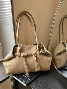 Retro khaki textured leather tote bag with elegant buckle detail and shoulder straps